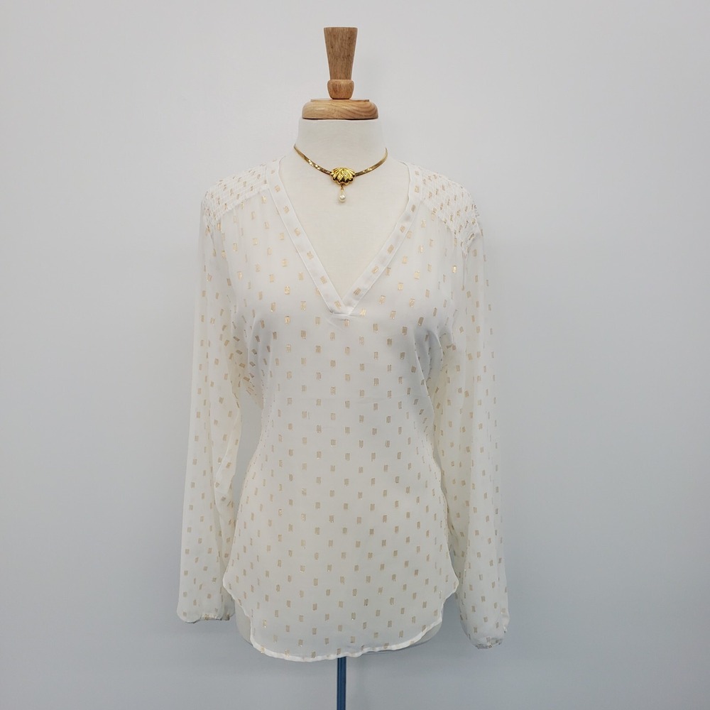 Maurices Womens XL Ivory Gold Dotted V-Neck Popover Blouse Long Sleeve Career
